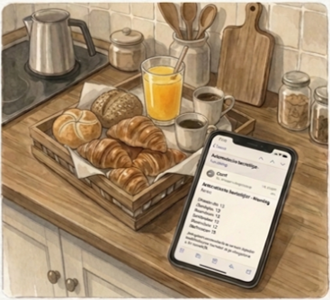 Verse croissants, sap en koffie klaar in de keuken naast een telefoon met het besteloverzicht